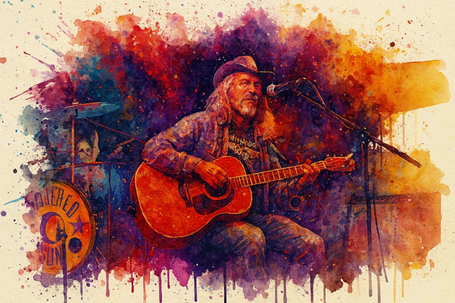 Watercolor illustration of musician with acoustic guitar
